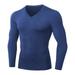 Men's Gym Fitness Compression Sport Tshirt Clothes Running V Neck Long Sleeve Tee Sports Wear Exercise Workout Tights Blue XL