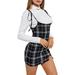 Women's Suspender Skirts Dresses Plaid Split Hem High Waist Overall Mini Dress