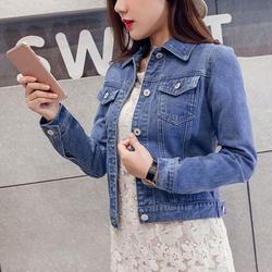 Trendy Women's Solid Candy-colored Short Denim Jacket Round Neck Denim Long Sleeves Light Blue Jacket Slim Short Lovely Denim Coat Tops