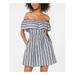 SPEECHLESS Womens Navy Striped Short Sleeve Off Shoulder Short Fit + Flare Dress Size XXS