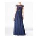 ADRIANNA PAPELL Womens Navy Embellished Lace Cap Sleeve Illusion Neckline Full-Length Empire Waist Formal Dress Size 2