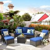 Bay Isle Home™ Caberfae 6 Piece Rattan Sofa Seating Group w/ Cushions Synthetic Wicker/All - Weather Wicker/Wicker/Rattan in Blue | Outdoor Furniture | Wayfair