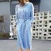 Fashion Women Striped Shirt Dress Long Sleeves Belted Buttoned Front Slit Pockets Vintage Loose Casual Midi Dress Blue