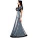 Exotic India Winter-Sky and Black Floor Length Gown with Printed Spirals - Blue