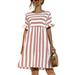 Sexy Dance Women Stripe Print Short Sleeve Flare Dress Ruffle Sundress Color Block Stitching Charming Pockets Dress for Trendy Lady Pink L=US 12