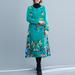 Tomshoo Vintage Women Cotton Linen Dress Print Thick Warm O Neck Long Sleeve Pocket Plus Size Casual Dress