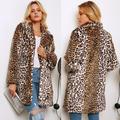 Suzicca Fashion Women Winter Leopard Print Coat Faux Fur Turn-Down Collar Long Sleeve Thick Pocket Button Fluffy Jacket Long Coat
