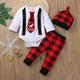 Emmababy My First Christmas Clothes Newborn Baby Boy O Neck Long Sleeve Necktie Romper Plaid Trousers Hat 0-12M