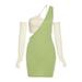 Women One Shoulder Sleeveless Dress with Solid Color Oversleeves