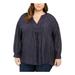 TOMMY HILFIGER Womens Navy Shimmer Pinstripe Long Sleeve V Neck Tunic Top Size 1X