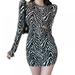 Women Fashion Zebra Print Round Neck Sexy Long Sleeve Elegant Bodycon Wrap Casual Spring Autumn Sheath Short Dress Bodycon Mini Dress