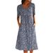 Womens Short Sleeve Dress Casual Crew Neck Sundress Ladies Vintage Floral Print Pockets Midi Dress Summer Beach Dress