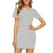 UKAP S-XXL Women Crew Neck Casual Dress Classic Fit Striped Printed Short Dress T Shirt Dresses White M(US 6-8)