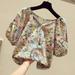 Fashion Womens Button Puff Short Sleeve Square Collar Printed Ladies Tops Shirts