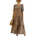 Boho Kaftan Beach Sundress for Women Short Sleeve Vintage Tunic Long Maxi Dress Casual Loose Party Holiday Dress Ladies Plain Summer Dresses