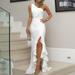 Women's One Shoulder Dress Sleeveless Dress Ruffle Dress Sexy Clubwear Dress Solid Color Dress High Slit Elegant Long Dress