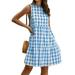 UKAP Women Casual T-Shirt Summer Dresses Plaid Printed Bohemian Dress Swing Boho Sundress Sleeveless with Stitching Light Blue M=US 6-8