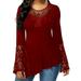 Women's Slim Lace T-Shirts Bell Sleeve Tops Hollow Out Tunic A Line Pullover Blouses Slim Tunic Tops Irregular Hem Women Casual Plus T-Shirts Blouses