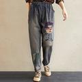 Women Vintage Denim Pants Girl Feather Applique Pocket Elastic Waist Loose Casual Autumn Pants