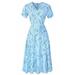 Avamo Women V-neck Holiday Maxi Dress Ladies Short Sleeve Dress Summer Beach Floral Printed Lace Up Wrap Dress Sky Blue XL(US 16-18)