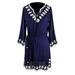 Peach Couture Women's Totem Embroidered Tunic 3 Quarter Sleeves V Neck Dress Embroidered Navy Medium