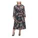 TOMMY HILFIGER Womens Black Belted Floral Long Sleeve Jewel Neck Midi Fit + Flare Dress Size 14W