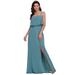 Ever-Pretty Womens Illusion Ruffles Side and Beaded Split Sexy Long Wedding Guest Dress 00108 Dusty Blue US8