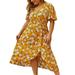 Plus Size Women Summer Boho Dress Casual Floral Print Loose Button Short Sleeve Midi Dress Ladies Beach Party Sun Dress