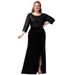 Ever-Pretty Women Plus Size Sequins Velvet Ruched Evening Party Dresses Elegant 3/4 Sleeves High Split Cocktail Ball Gown 00381 Black US14