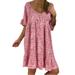 Summer Boho Midi Dress For Women Flare Short Sleeve Empire Waist Pleated Loose Swing Casual Dress Ladies Summer Beach Baggy Kaftan Tunic Dress