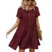UKAP Women Short Sleeve Midi Dress Boho Beach Button Down Pleated Short Dresses Ladies Casual Flowy Tiered Dress Wine Red M(US 8-10)