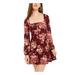 B DARLIN Womens Burgundy Floral Long Sleeve Square Neck Short Fit + Flare Dress Size 15\16