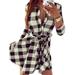 UKAP Women Long Sleeve Plaid Shirtdress Vintage Button Dress Summer Fall Knee-length Belt Swing Dress