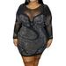 Womens Sexy Plus Size Long Sleeve Rhinestone Mesh See Through Bodycon Party Club Mini Dress Clubwear