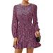 ZANZEA Women Long Puff Sleeve Elastic Waist Elastic Cuff Printed Mini Dress
