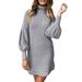 Women's Puff Long Sleeve Pullover Tops Knitted Sweaters High Neck Mini Dress