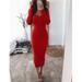 Women's Long Sleeve V Neck Bodycon Ribbed Knit Dress Solid Slim Midi Dress