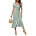 UKAP Short Sleeve Summer Dress for Women Summer Beach Irregular V Neck Dresses Waistband Elegant Sundress
