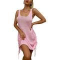 Sexy Dance Women Boho Summer Mini Dress Backless Cover Up Sleeveless Party Dresses Ladies Drawstring Sexy U Neck Hollow Out Cocktail Dress Pink XL(US 14-16)