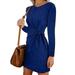 Meterk Fashion Women Solid Long Sleeves Dress Tie Knot Waist Ruched Front O Neck Autumn Spring Casual Dress