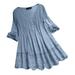 Bseka Women Casual Solid Color Loose Plus Size 3/4 Sleeve Scoop Neck Ruffled Button Comfy Vintage Dress Pleated Swing Dresses