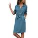 Women 3/4 Sleeve Shirt Dress Ladies Casual Lapel Neck Button Belt Lace Up Sun Dress V Neck Solid Color Dresses