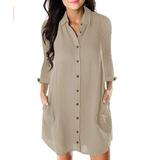 New Fashion Women's Mid-Length Solid Color Pocket Loose Casual Long-Sleeved Shirt Dress