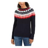 TOMMY HILFIGER Womens Navy Printed Long Sleeve Jewel Neck Sweater Size M