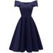 Meterk Elegant Women Off Shoulder Dress V Neck Short Sleeve Solid Pleated Cocktail Party A-line Swing Dress Burgundy/Dark Blue