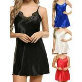 Women Satin Silk Lace Smooth Sleepwear Dress Skirt Lingerie Pajamas Nightdress