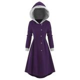 Womens Vintage Cloak Plus Size Snap Button Trim Long Skirted Hooded Coat Tops