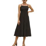 UKAP Women Beach Dress Solid Slim Fit Swing Dress Open Back Strappy Sling Dress Lady Midi Dress