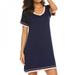 Women Sexy Dress Cotton Solid Color Round Neck Short Sleeve Nightdress Solid Color Clothes Blue XXL
