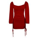 VEAREAR Dress Nylon Polyester Spandex Puff Sleeve Solid Color Ruched Drawstring Red,Dress for women,Maxi,Boho,Midi